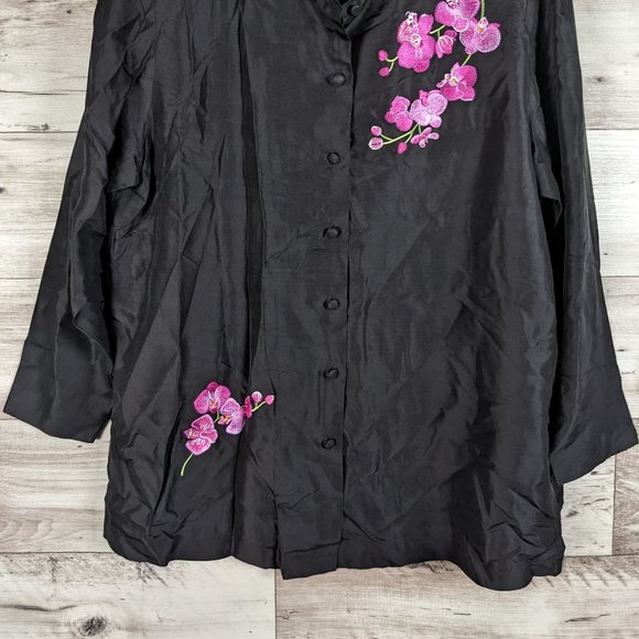 Yi Lin* Women's Long Sleeve Button Down Curved Hem‎ Floral Silk Blouse~ Large - Picture 2 of 11